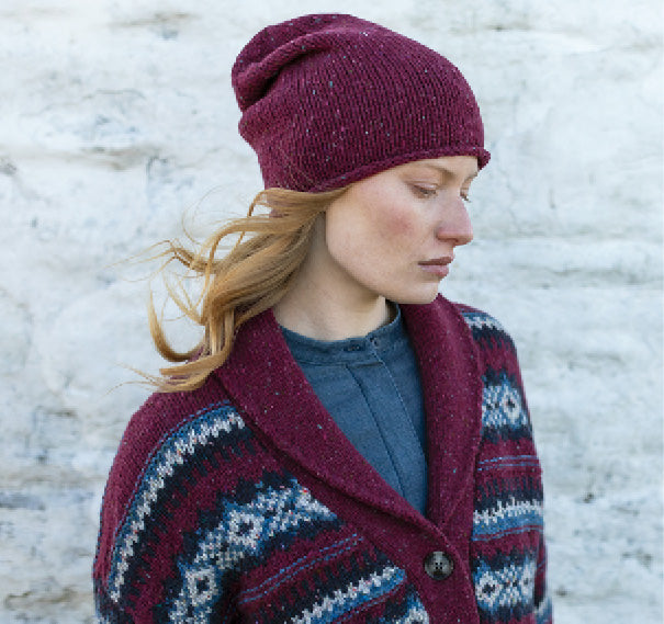 Ladies Fisherman Fairisle Shawl Cardigan in Berry