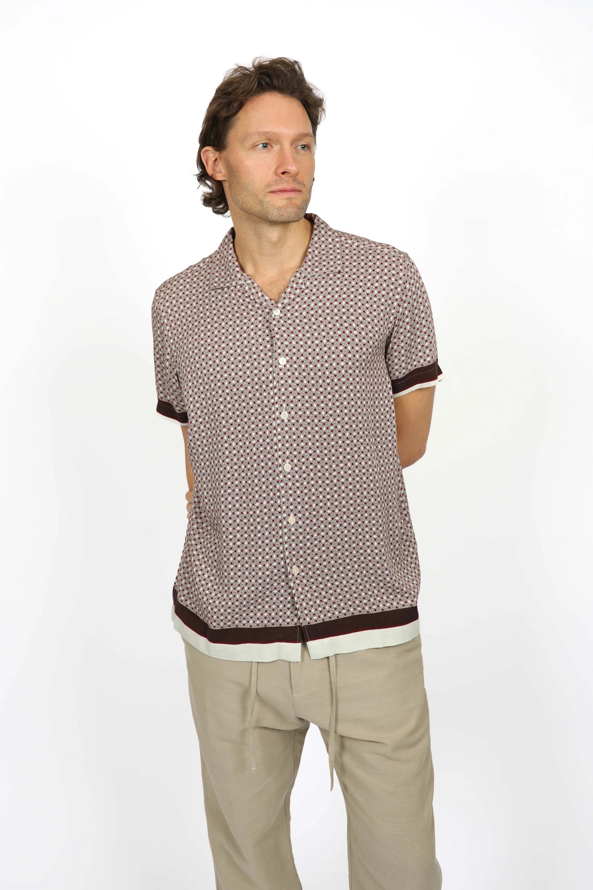 James Harper Short Sleeve Cuban Collar Border in Merlot