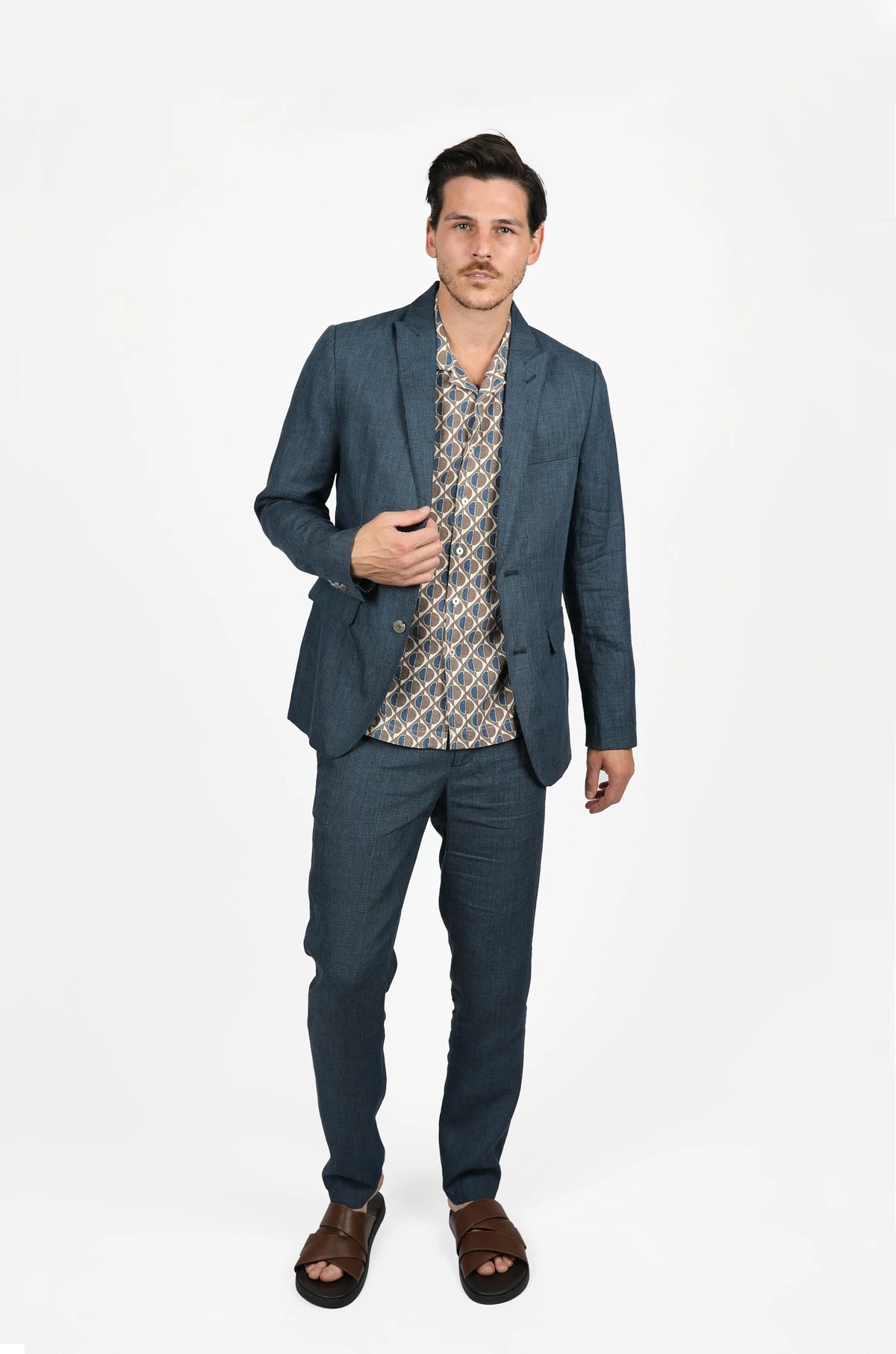 James Harper Linen Navy Houndstooth Blazer - Peak Lapel