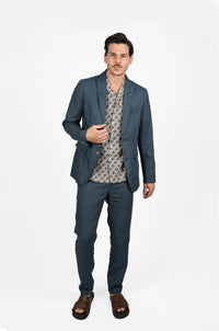 James Harper Linen Navy Houndstooth Blazer - Peak Lapel
