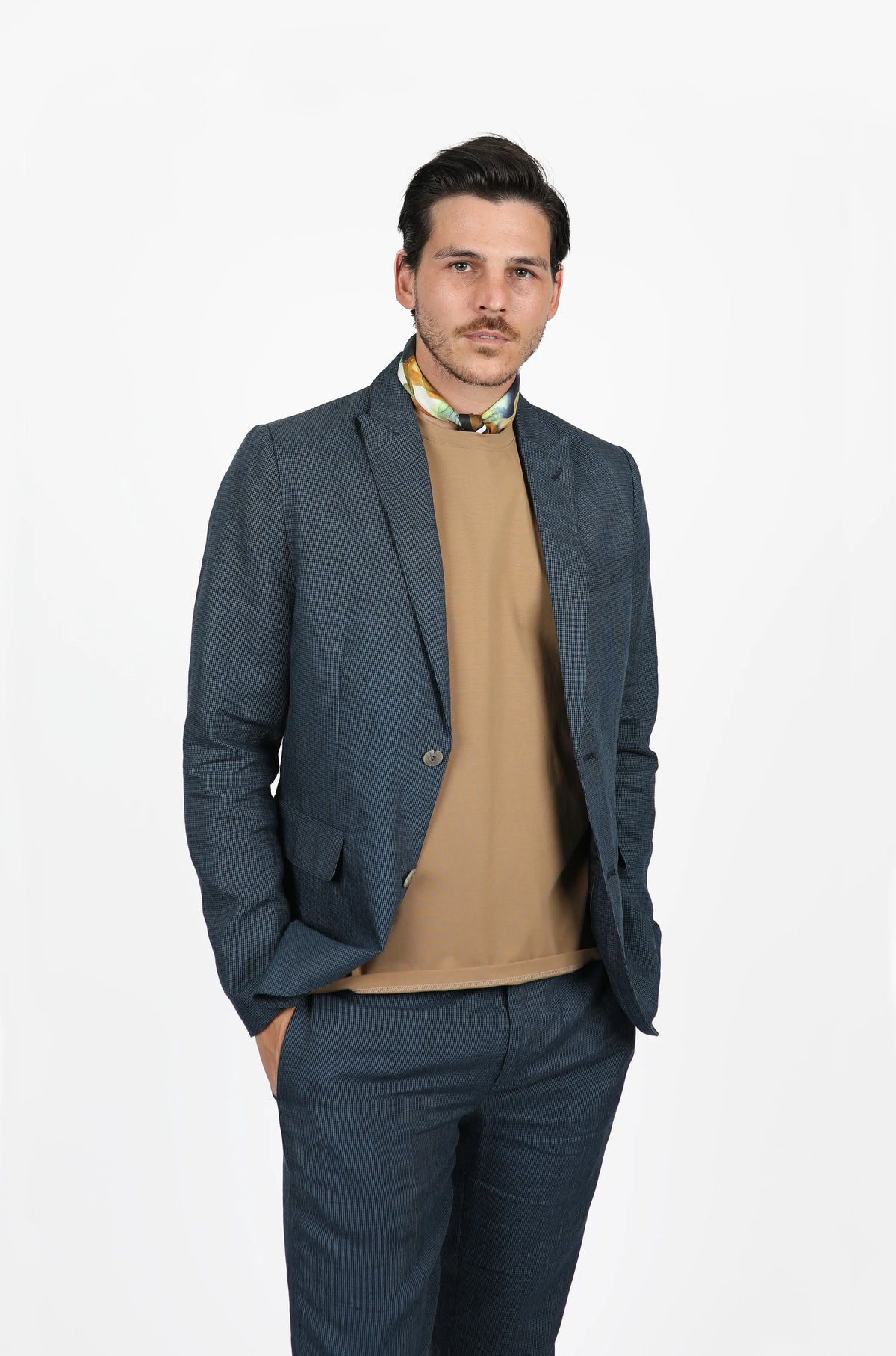 James Harper Linen Navy Houndstooth Blazer - Peak Lapel