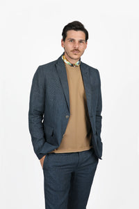 James Harper Linen Navy Houndstooth Blazer - Peak Lapel
