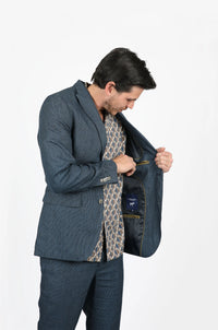 James Harper Linen Navy Houndstooth Blazer - Peak Lapel