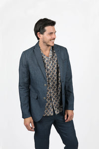 James Harper Linen Navy Houndstooth Blazer - Peak Lapel