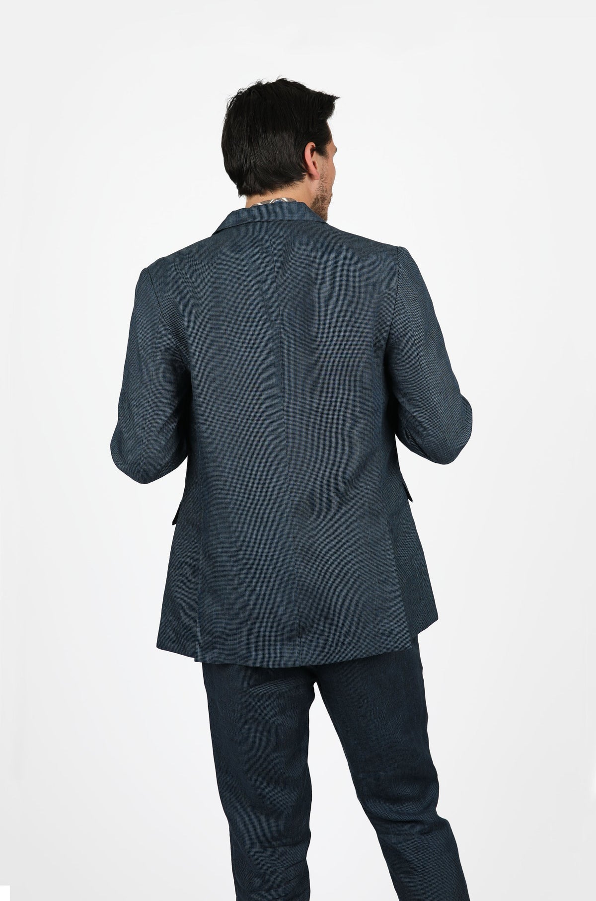 James Harper Linen Navy Houndstooth Blazer - Peak Lapel