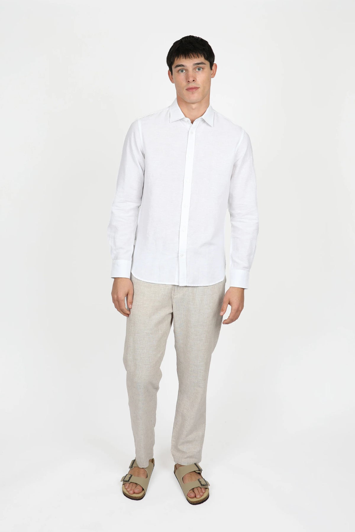 James Harper Long Sleeve Linen Shirt White