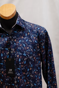 Men's Blue / Beige  Autumn Botanical Long Sleeve Shirt - Berlin