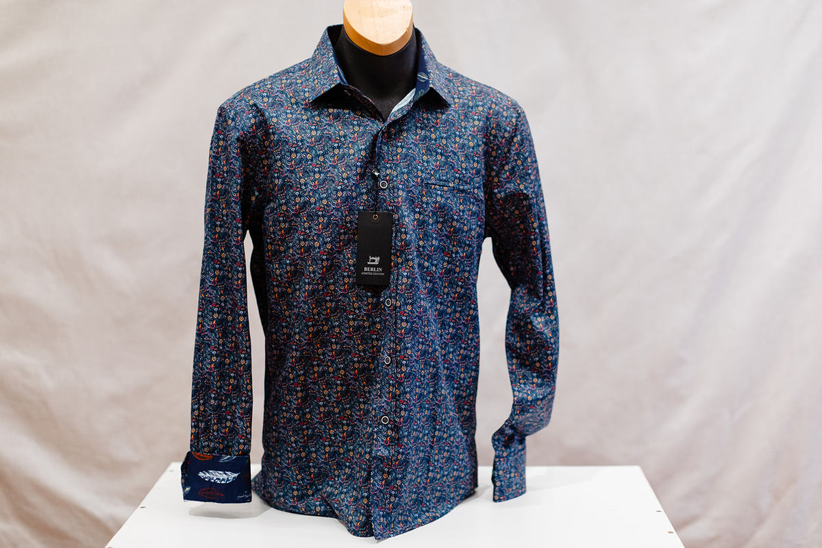 Men's Multi Floral Navy Long Sleeve Shirt - Berlin