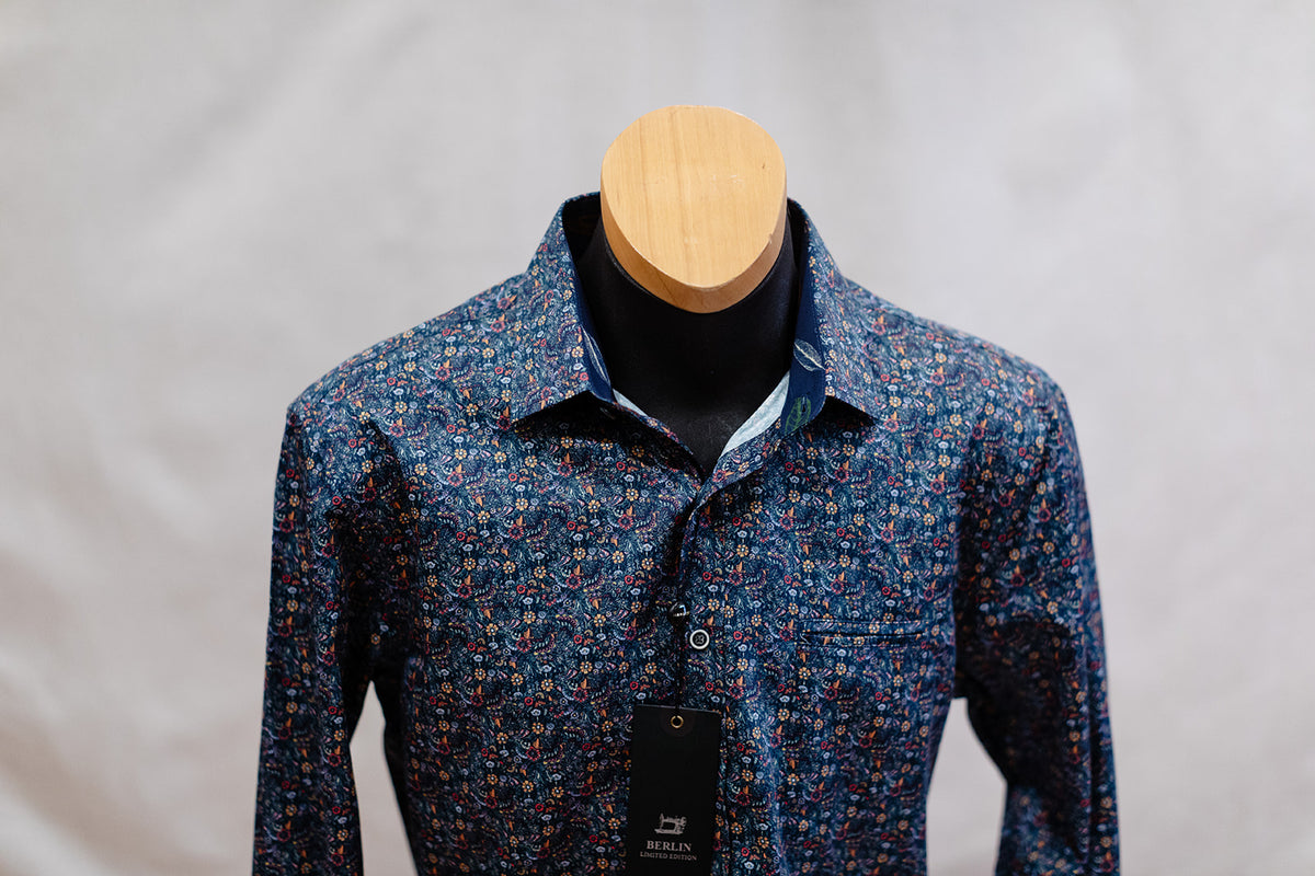 Men's Multi Floral Navy Long Sleeve Shirt - Berlin
