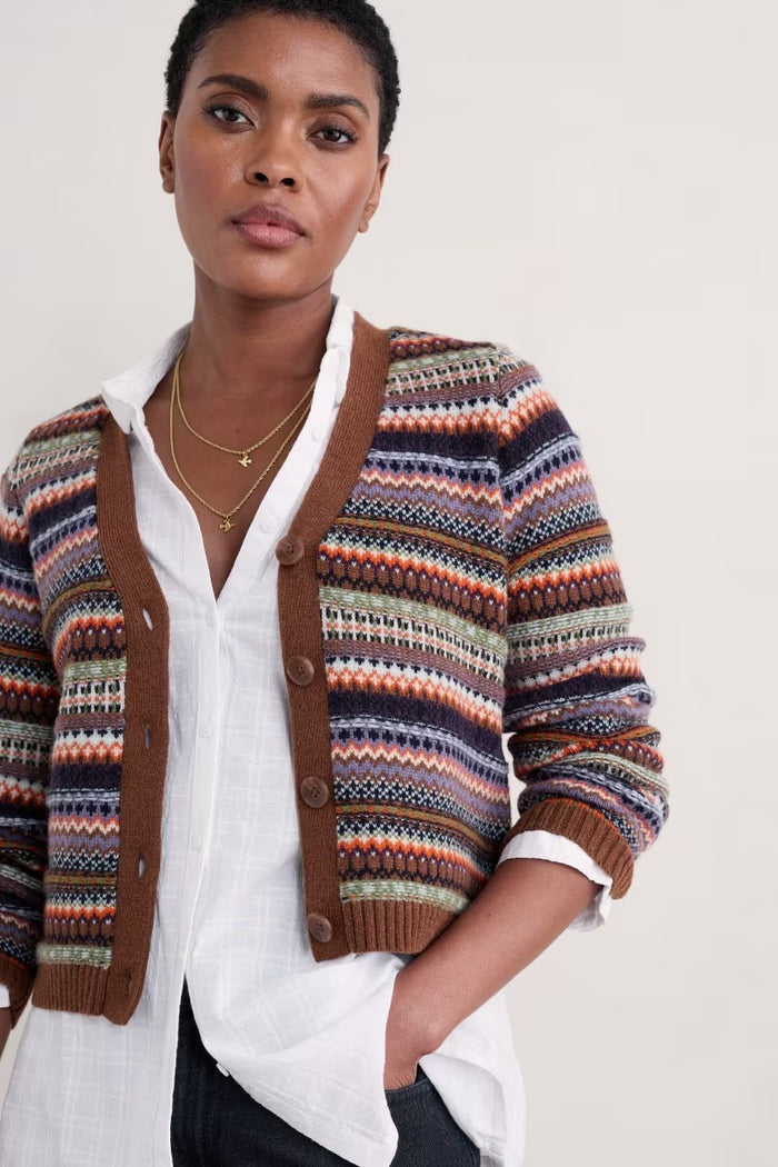 Lamorna Lane Fair Isle Cardigan in weaving needle gully multi