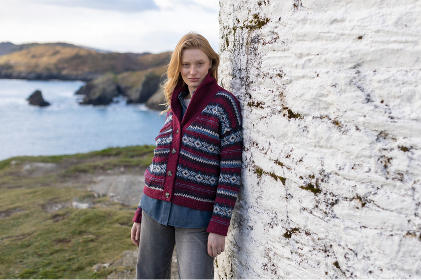 Ladies Fisherman Fairisle Shawl Cardigan in Berry