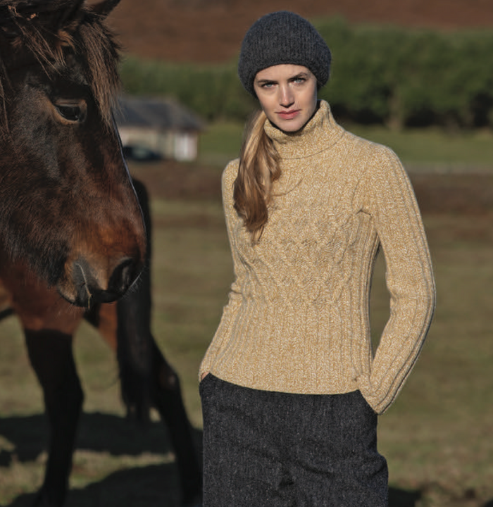 Fisherman Ladies Roll Neck Criss Cross Jumper in Mustard Cream