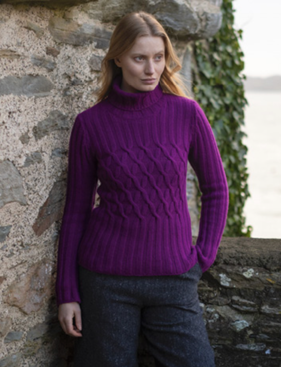 Fisherman Ladies Roll Neck Criss Cross Jumper in Foxglove