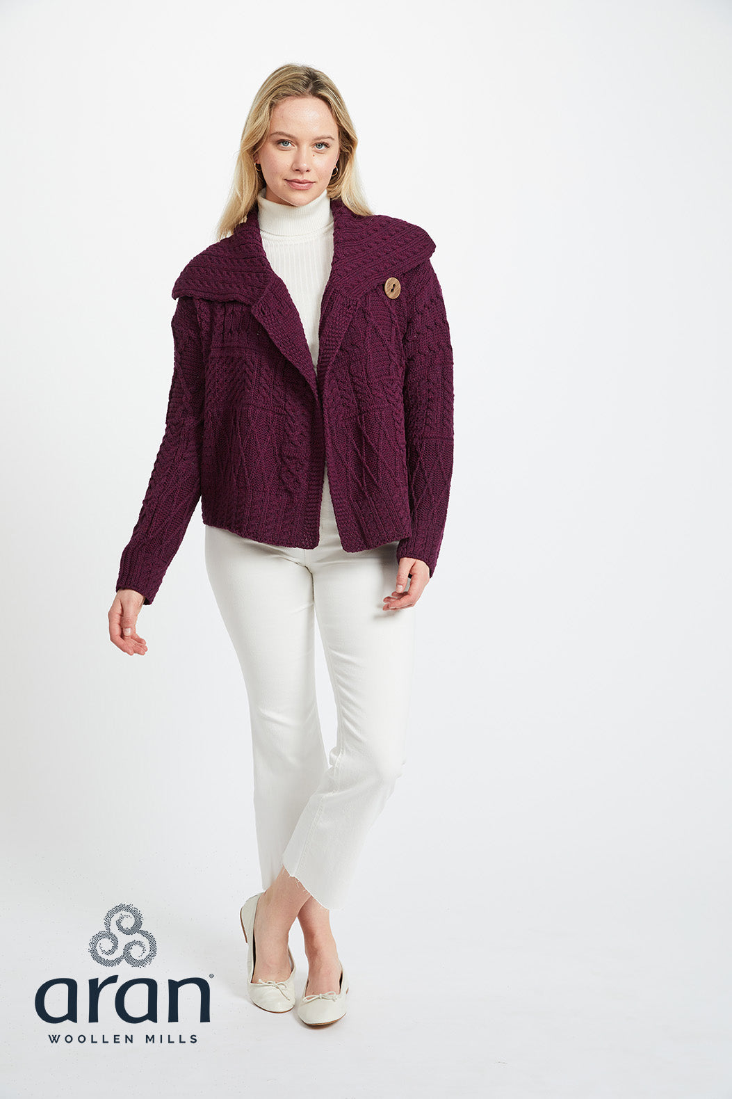 Patchwork One Button Cardigan with Oversized Collar in Very Berry A313