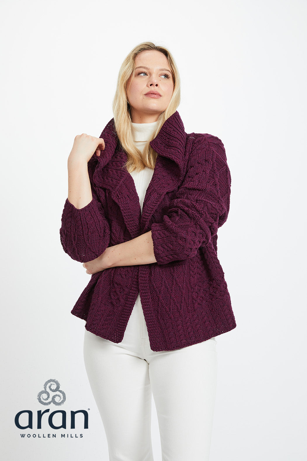 Patchwork One Button Cardigan with Oversized Collar in Very Berry A313