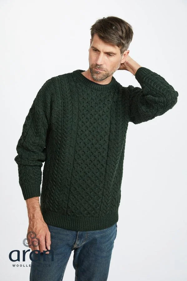 Traditional Unisex Aran Sweater in Army Merino