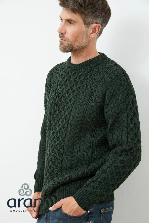 Traditional Unisex Aran Sweater in Army Merino