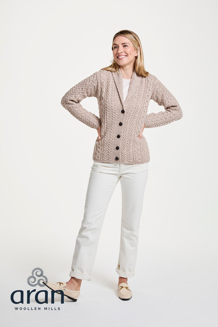 Traditional  Aran Shawl Neck Cardigan in Wicker B164