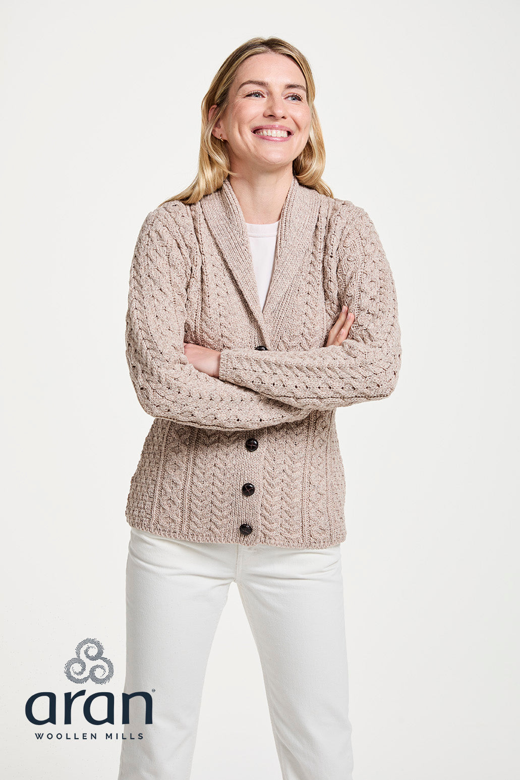 Traditional  Aran Shawl Neck Cardigan in Wicker B164