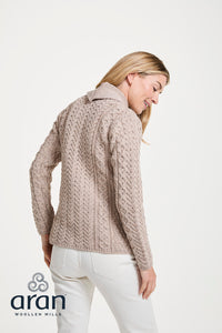 Traditional  Aran Shawl Neck Cardigan in Wicker B164