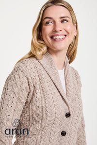 Traditional  Aran Shawl Neck Cardigan in Wicker B164