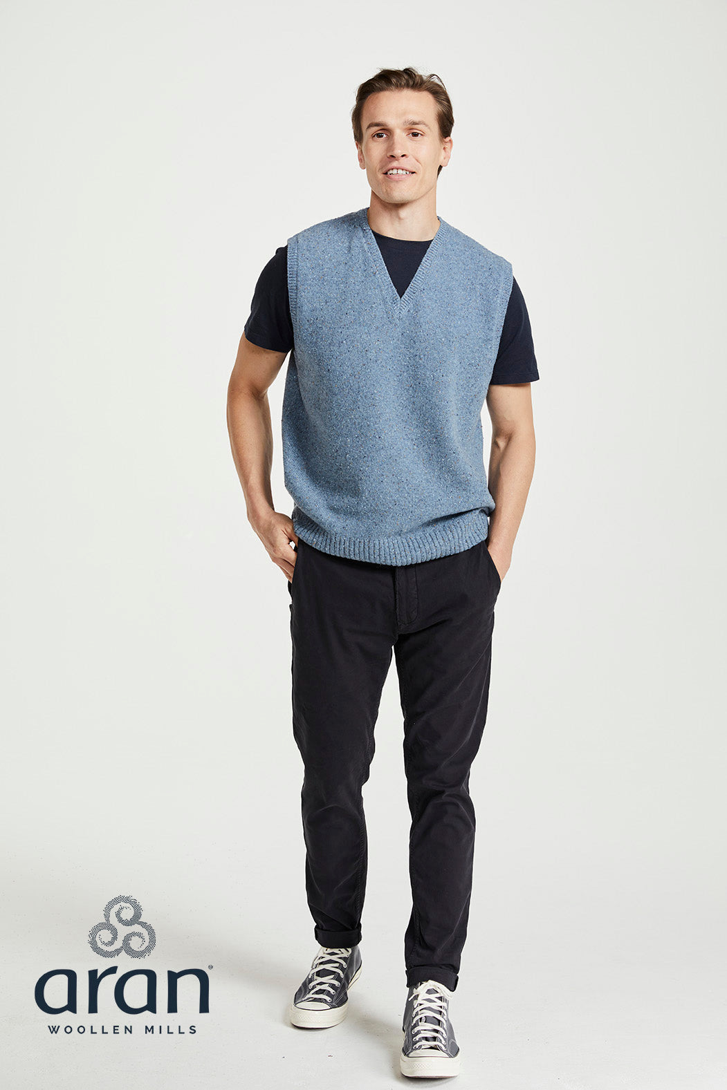 Aran Men's Nepped V Neck Vest in Boathouse Blue R874