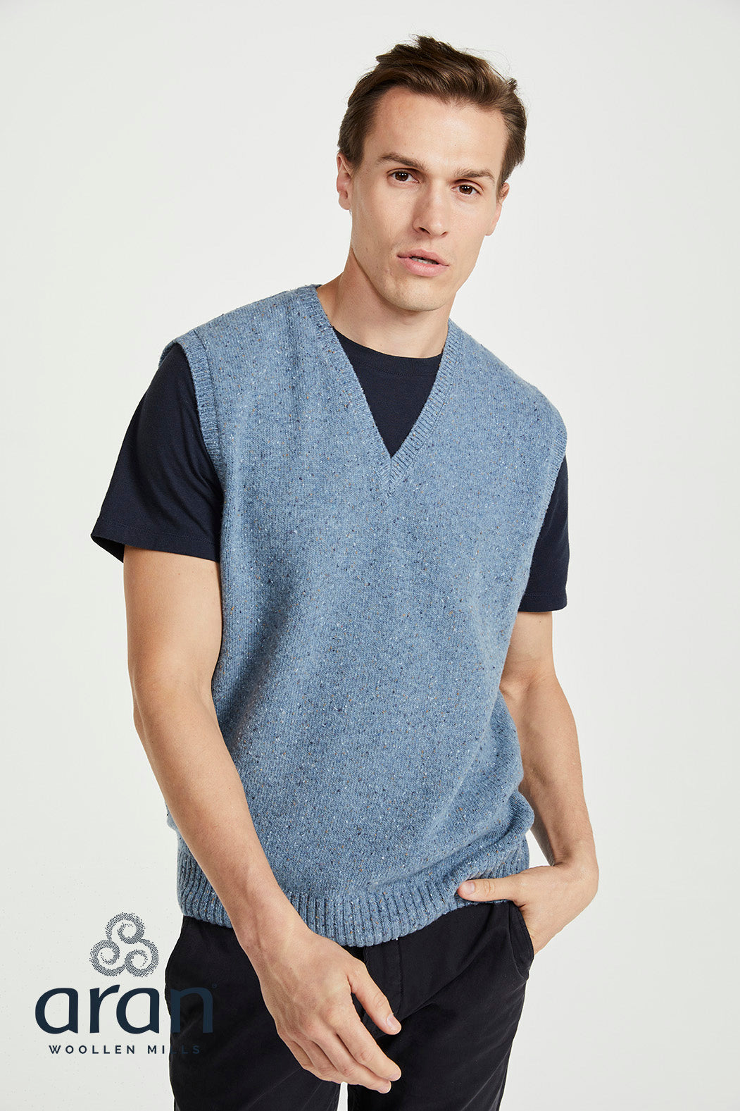 Aran Men's Nepped V Neck Vest in Boathouse Blue R874