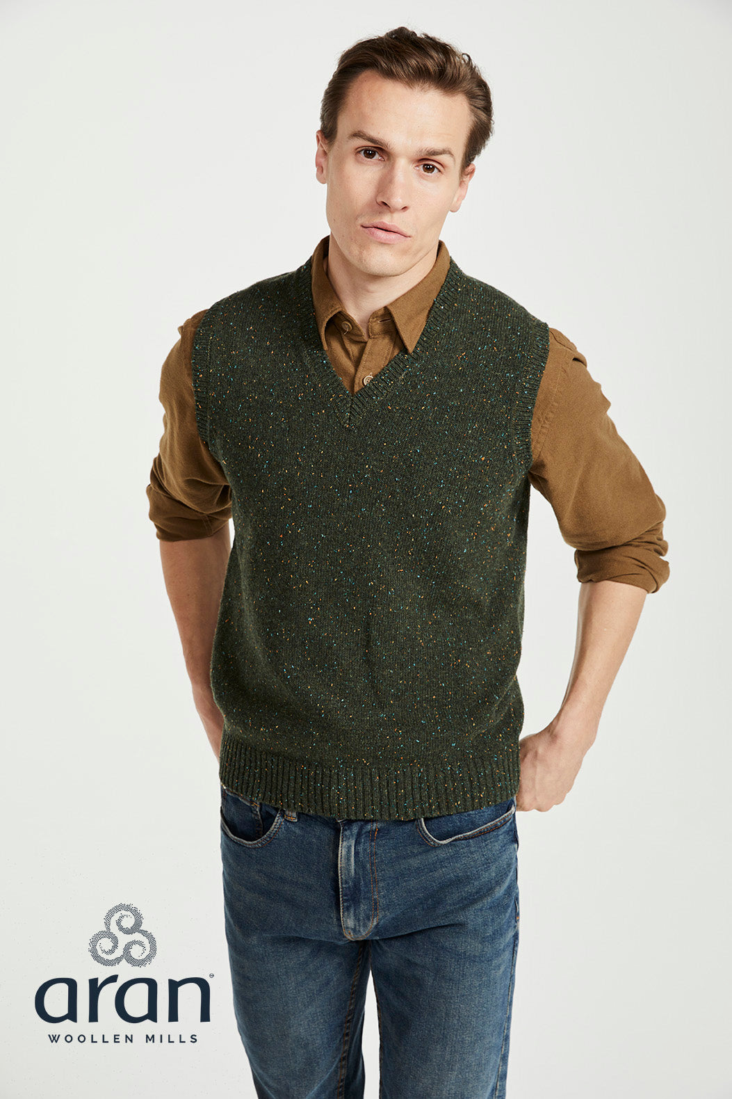 Aran Men's Nepped V Neck Vest in Foliage R874