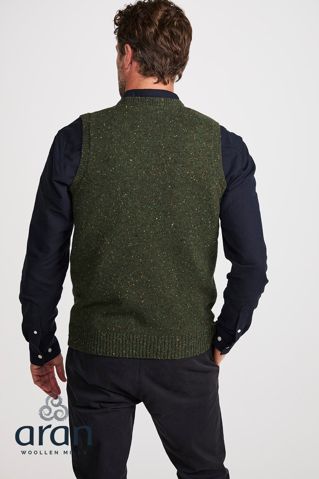 Aran Men's Nepped V Neck Vest in Foliage R874