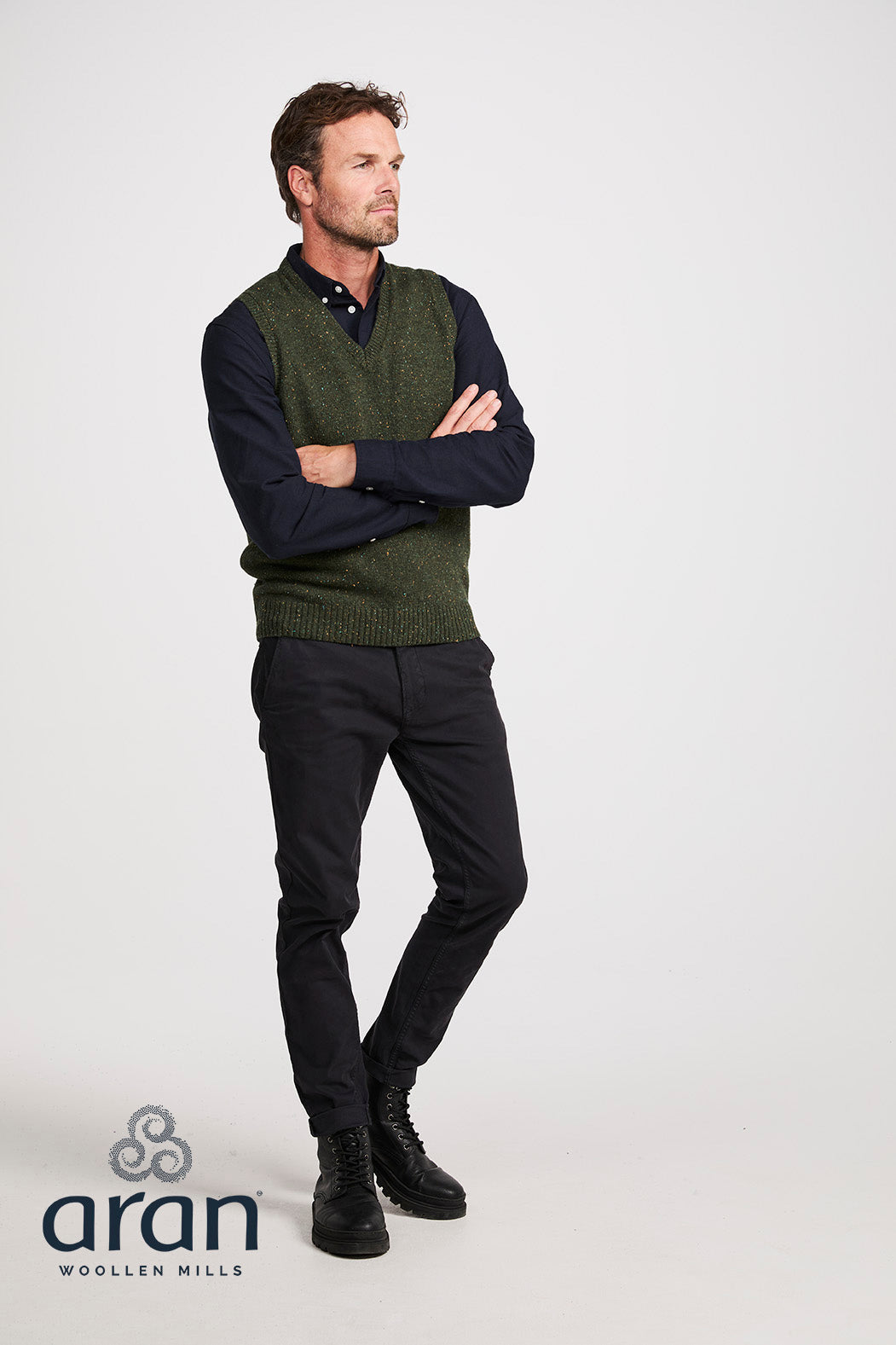 Aran Men's Nepped V Neck Vest in Foliage R874