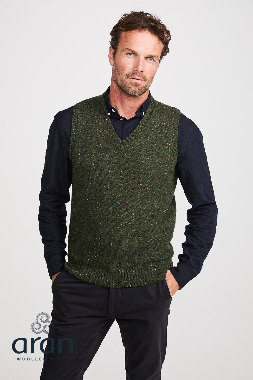 Aran Men's Nepped V Neck Vest in Foliage R874