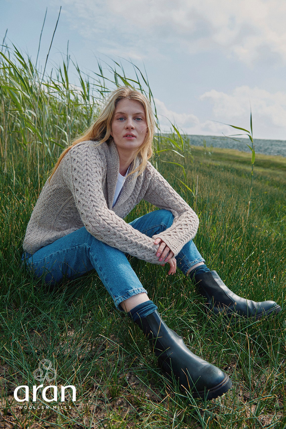 Traditional  Aran Shawl Neck Cardigan in Wicker B164