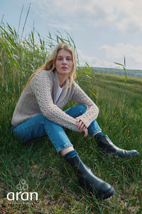Traditional  Aran Shawl Neck Cardigan in Wicker B164