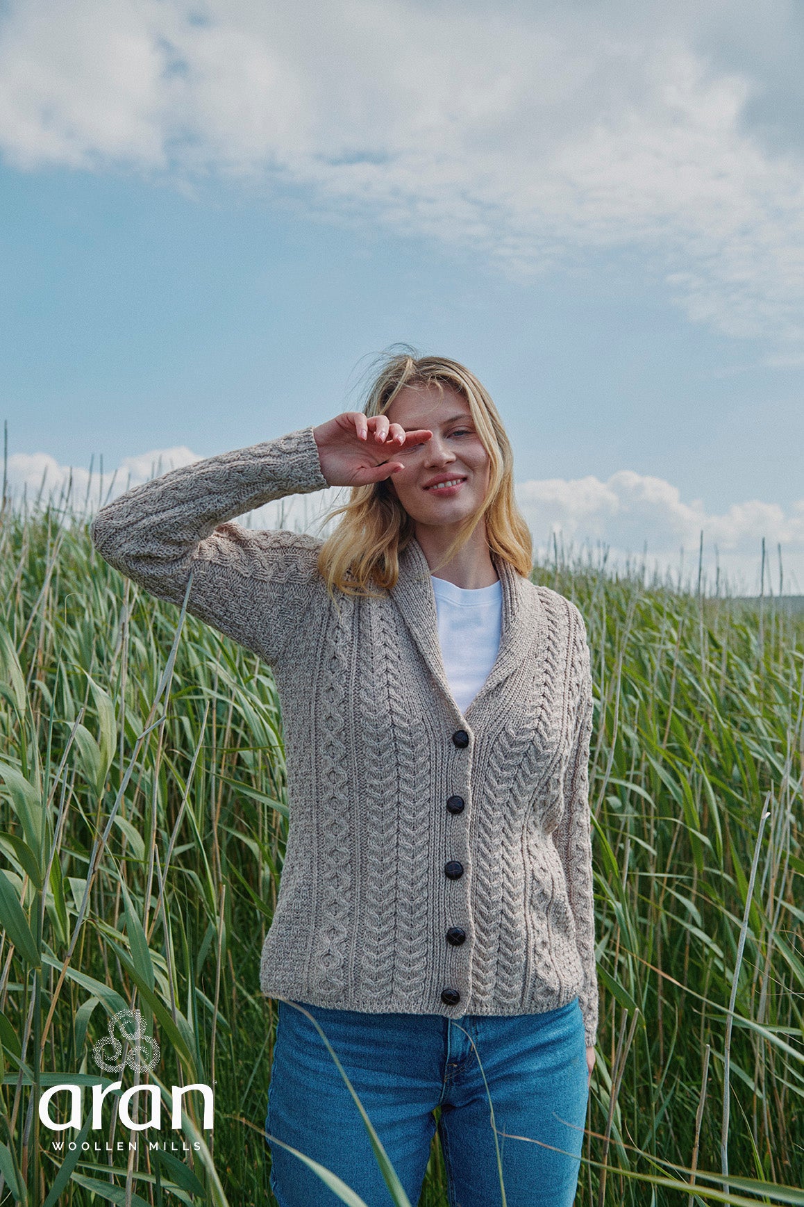 Traditional  Aran Shawl Neck Cardigan in Wicker B164