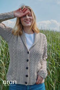 Traditional  Aran Shawl Neck Cardigan in Wicker B164