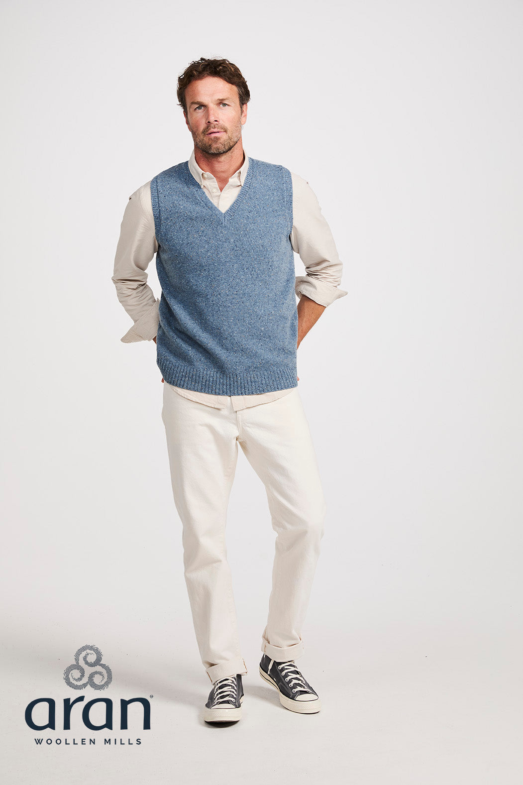 Aran Men's Nepped V Neck Vest in Boathouse Blue R874