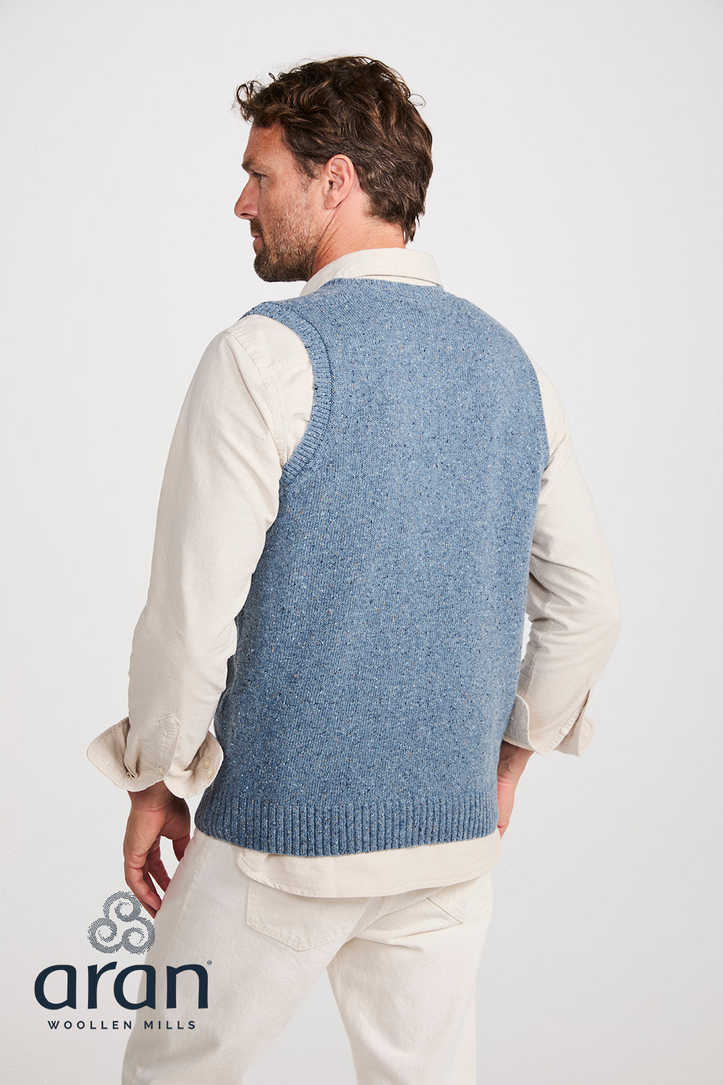 Aran Men's Nepped V Neck Vest in Boathouse Blue R874