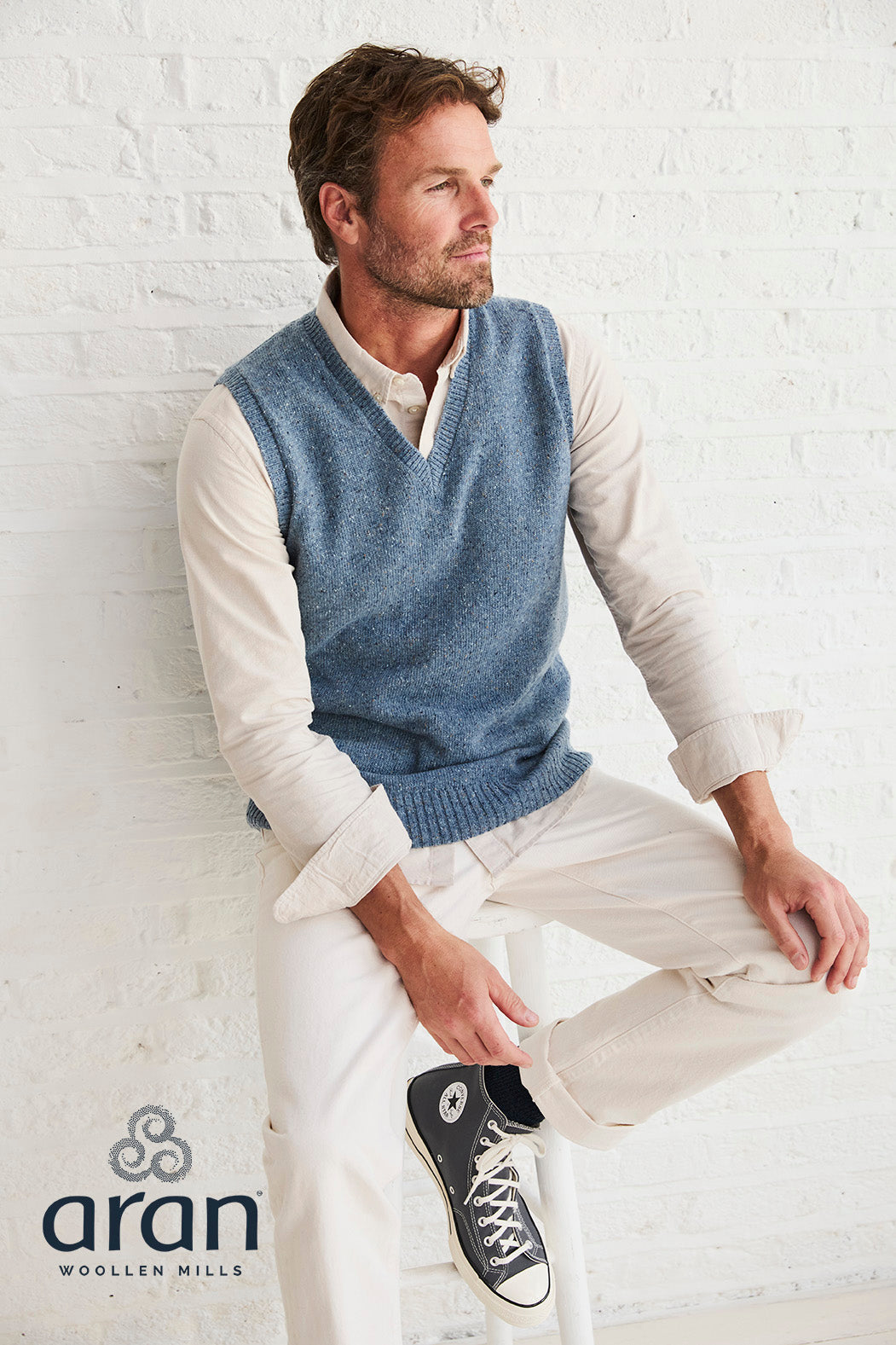 Aran Men's Nepped V Neck Vest in Boathouse Blue R874