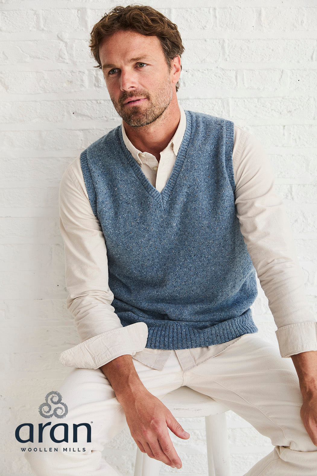 Aran Men's Nepped V Neck Vest in Boathouse Blue R874