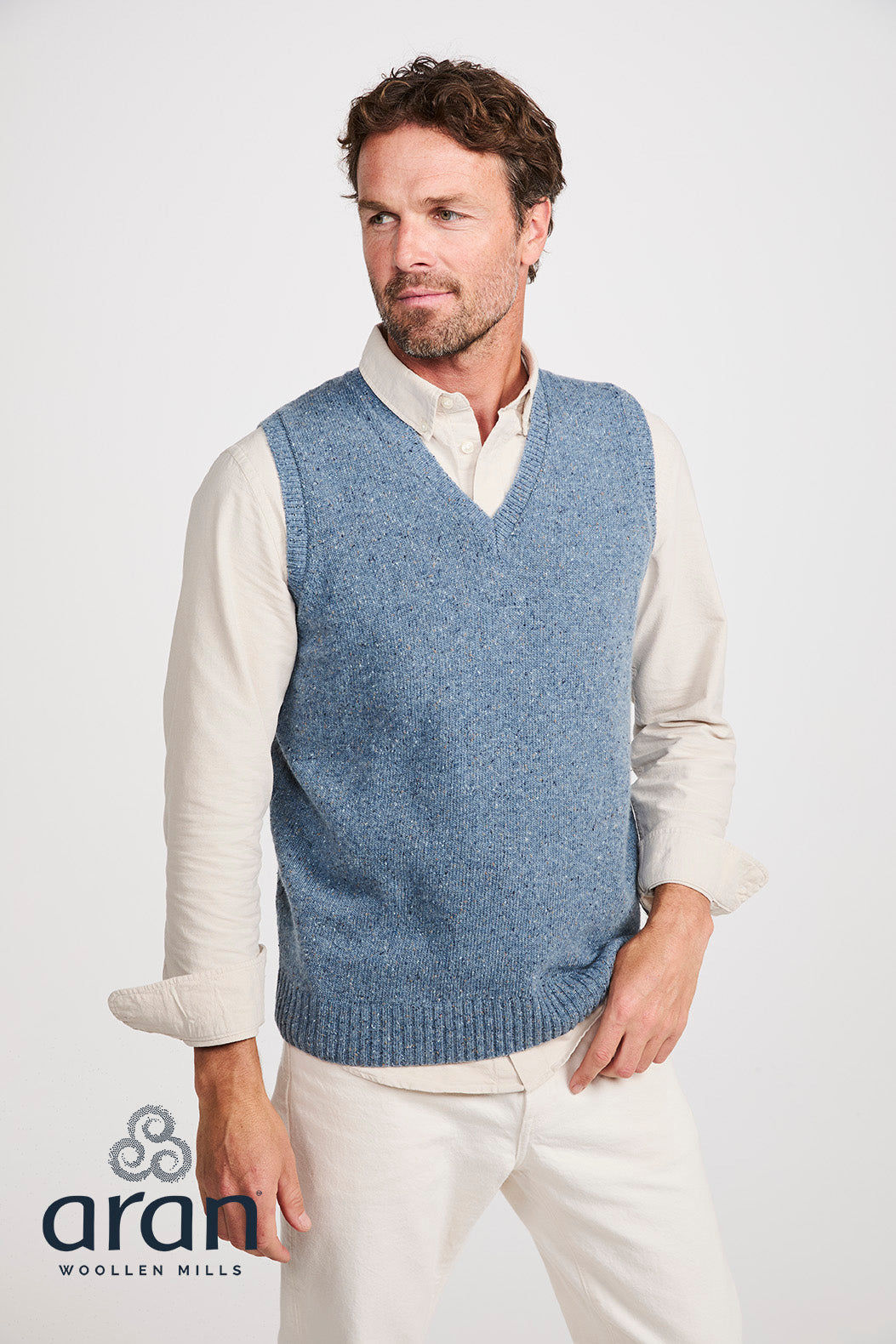 Aran Men's Nepped V Neck Vest in Boathouse Blue R874