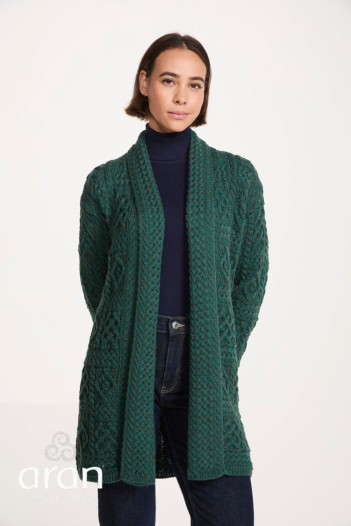 Ladies Long Shawl Foldback Cardigan in Connemara Green B103