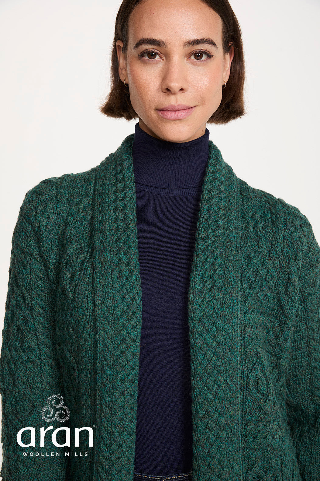 Ladies Long Shawl Foldback Cardigan in Connemara Green B103