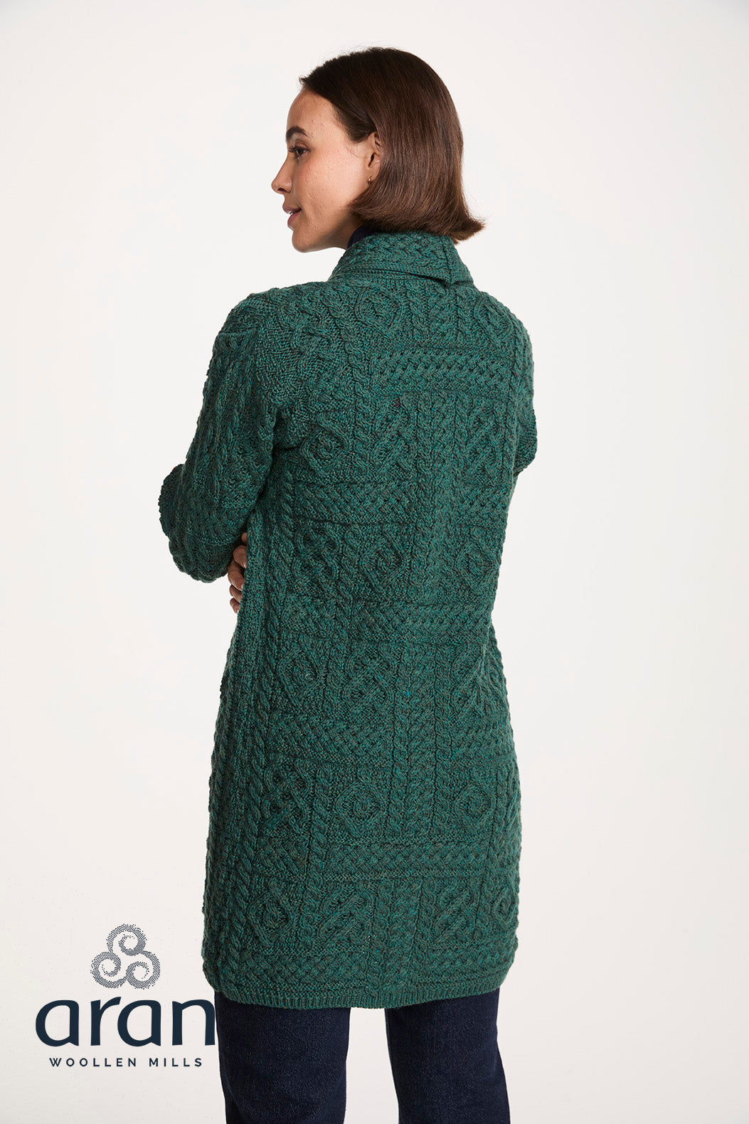 Ladies Long Shawl Foldback Cardigan in Connemara Green B103