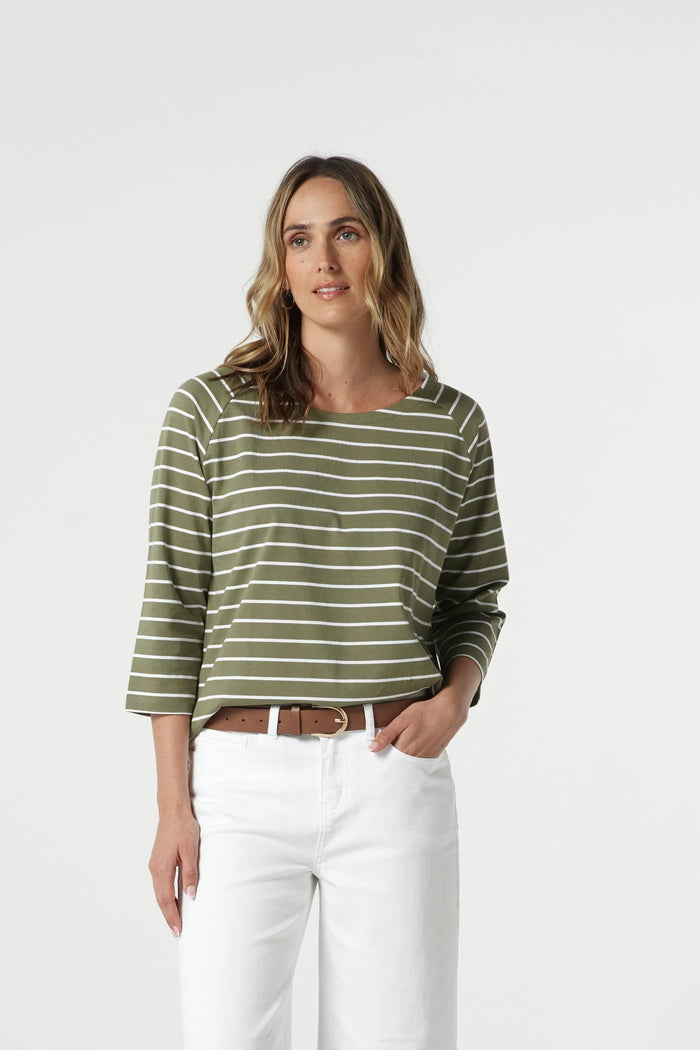 Goondiwindi T-Shirt - Sage + White Stripe