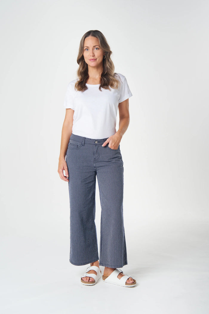 Goondiwindi Wide Leg Cropped Jean in Dark Navy/White Stripe