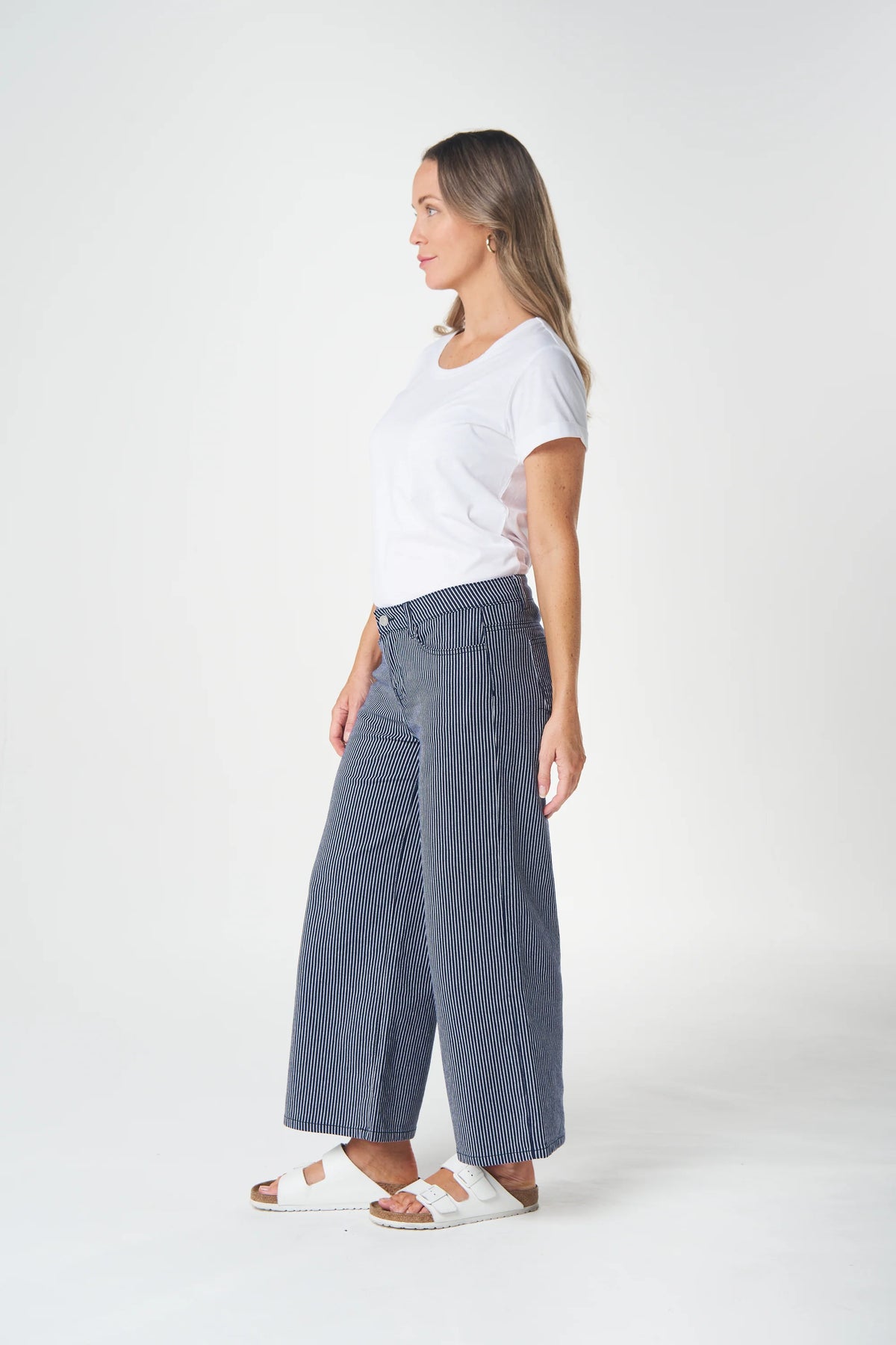 Goondiwindi Wide Leg Cropped Jean in Dark Navy/White Stripe