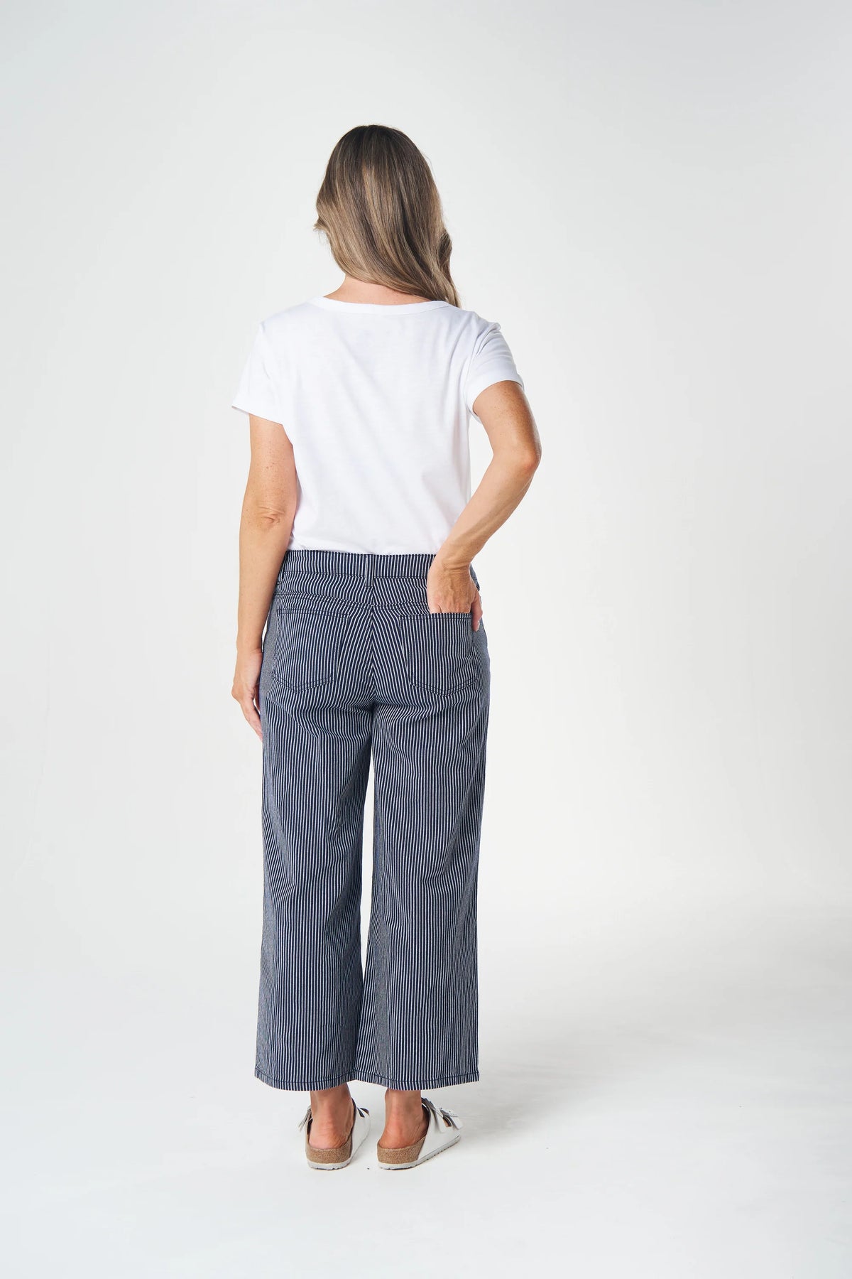 Goondiwindi Wide Leg Cropped Jean in Dark Navy/White Stripe
