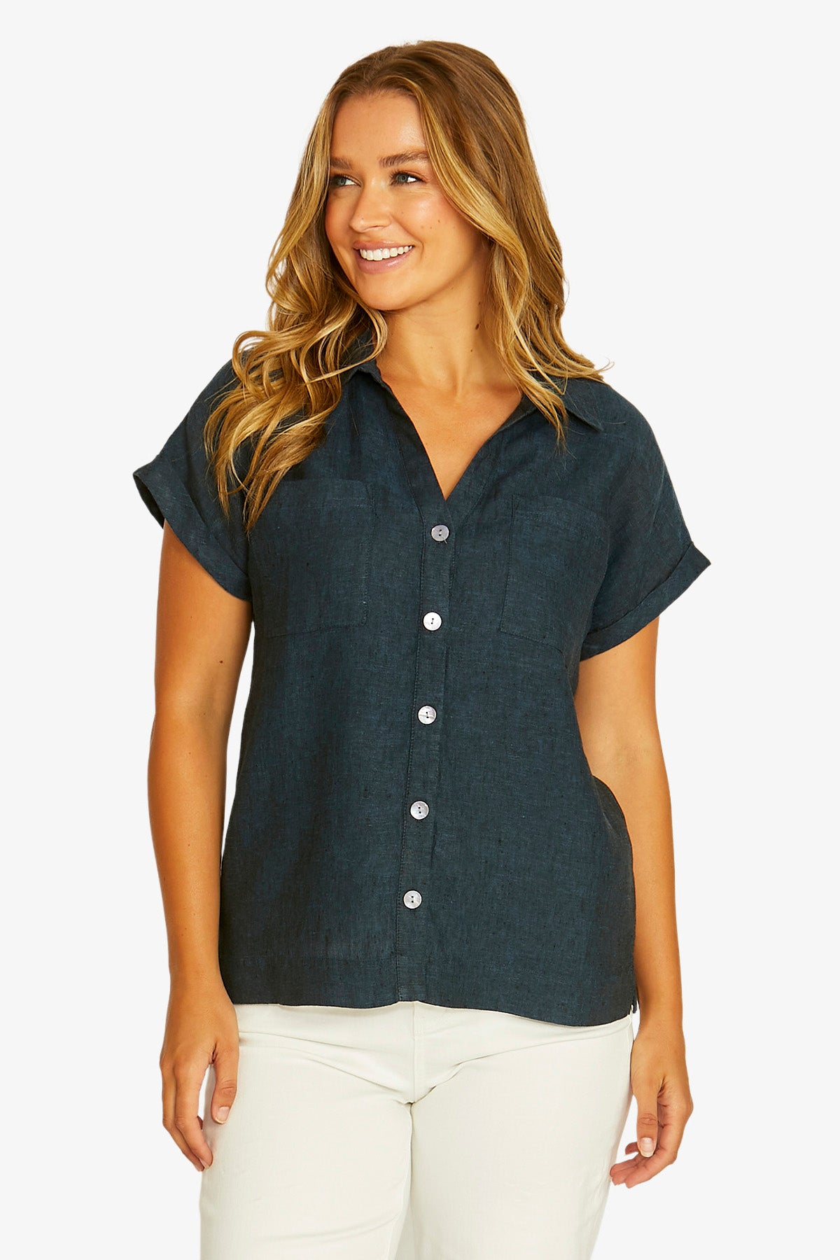 Open Neck Short Sleeve Shirt in Ink 3031A