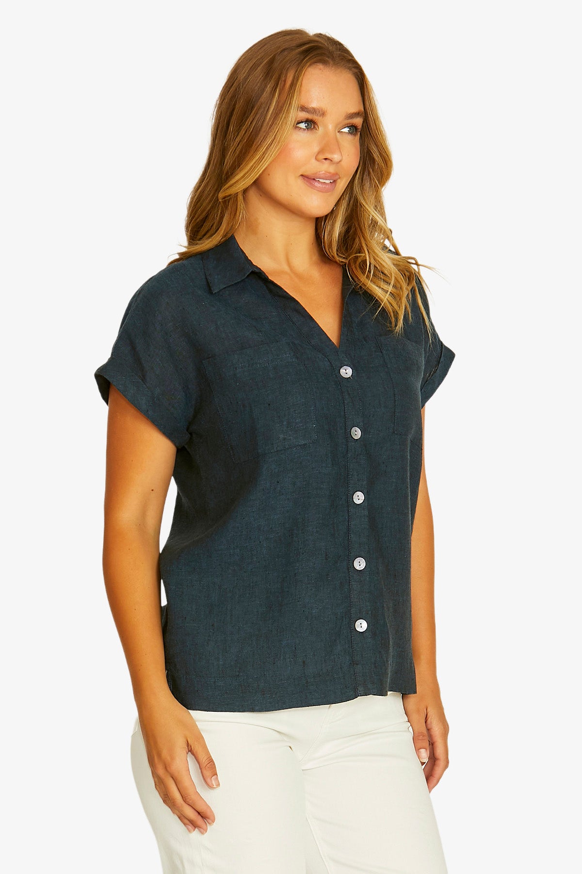Open Neck Short Sleeve Shirt in Ink 3031A