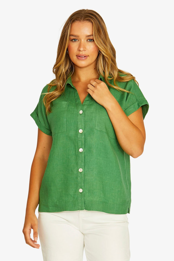 Open Neck Short Sleeve Shirt in Leaf 3031A